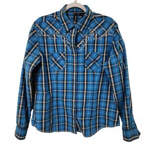 RU Cowgirl Women's XL Western Yoke Plaid Pearl Snap-Up Shirt Blue Black Cotton